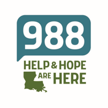 Word bubble with numbers 9 8 8 above the words Help and Hope are here with and outline of the state of Louisiana next to it